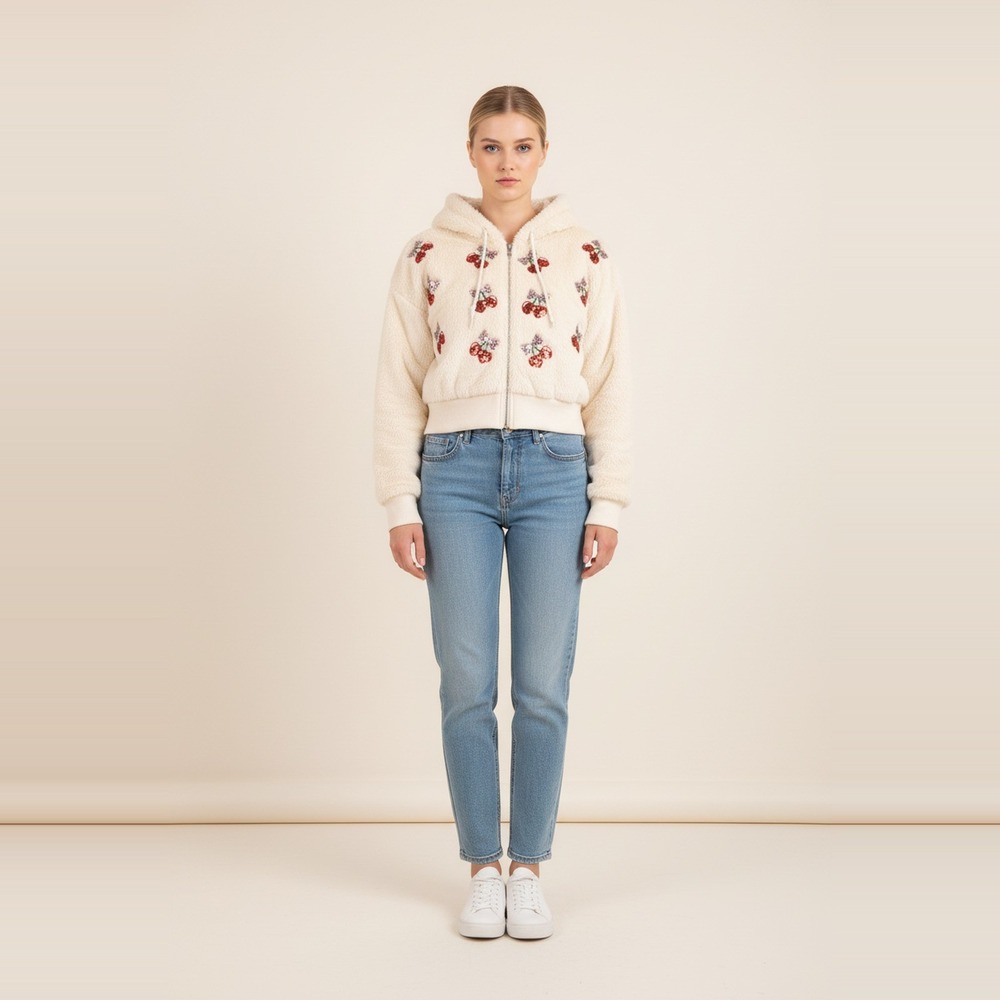Miss Chievous NWT Cream Faux Fur Cropped Zip Hoodie Red Sequin Cherry Womens M